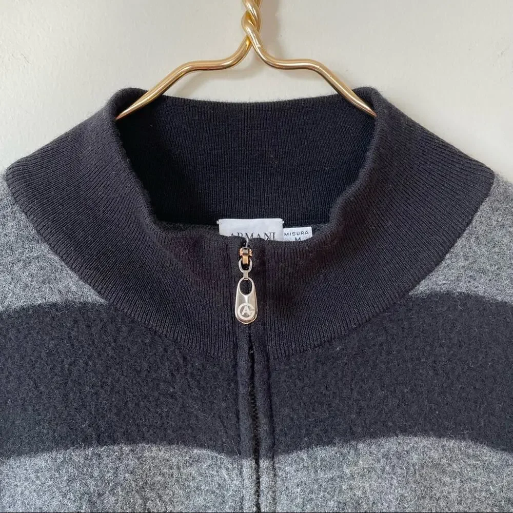 Armani Collezioni Black and Gray Rugby Striped Wool Sweater Zip Up Jacket M